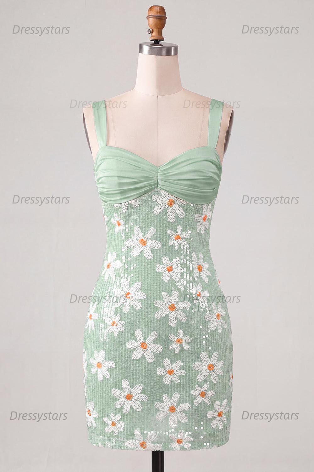 Dressystars Floral Green Sequins Tight Ruched Short Homecoming Dress