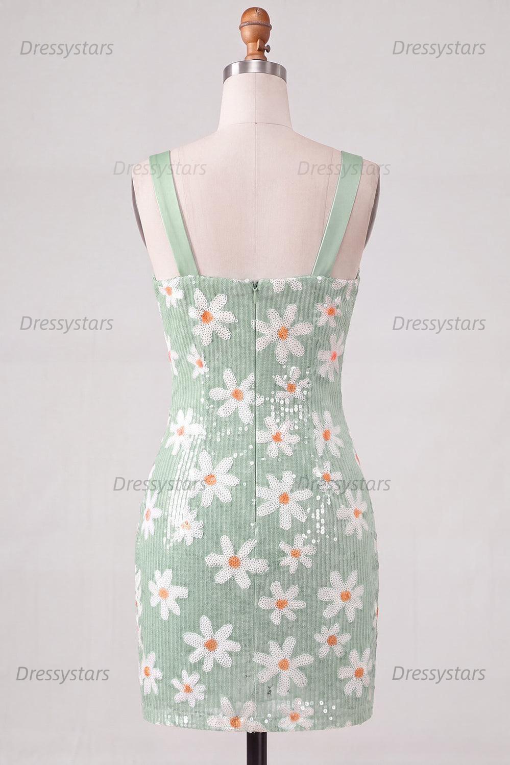 Dressystars Floral Green Sequins Tight Ruched Short Homecoming Dress