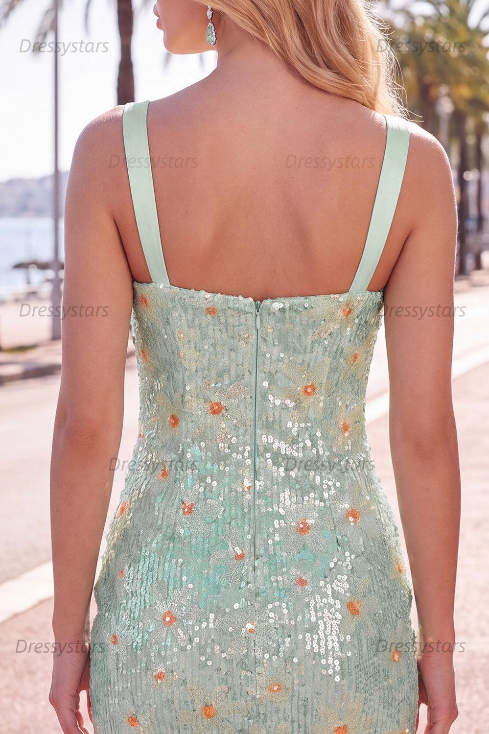 Dressystars Floral Green Sequins Tight Ruched Short Homecoming Dress