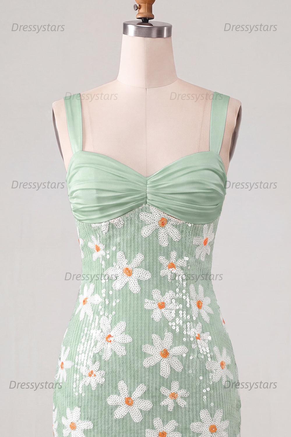 Dressystars Floral Green Sequins Tight Ruched Short Homecoming Dress