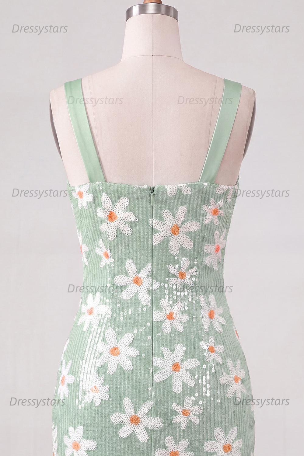 Dressystars Floral Green Sequins Tight Ruched Short Homecoming Dress