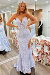 Dressystars Floral Lavender Lace Spaghetti Straps Lace Up Prom Gown With Slit Formal Evening Gown