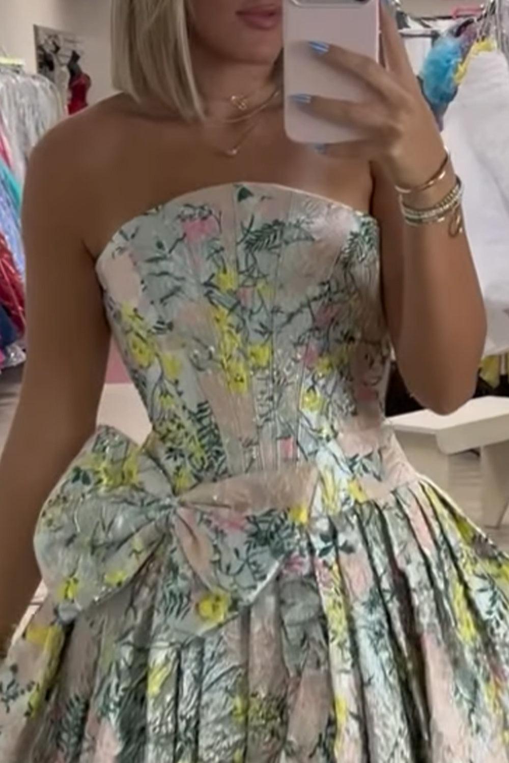 Dressystars Floral Light Green Corset Strapless Short Homecoming Dress with Bow
