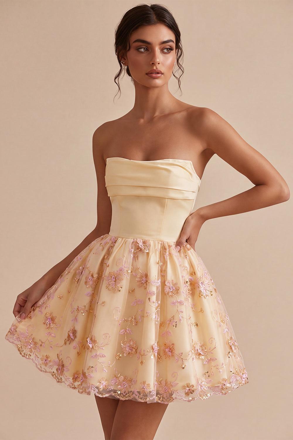 Dressystars Floral Light Yellow A-Line Sequin Short Homecoming Dress