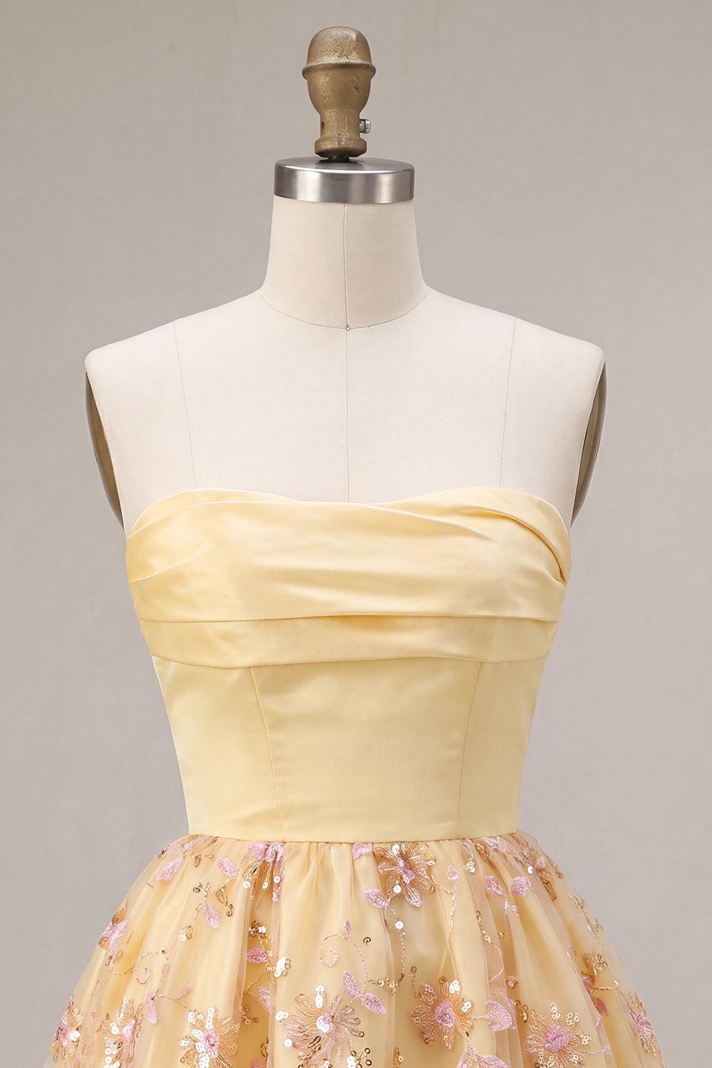 Dressystars Floral Light Yellow A-Line Sequin Short Homecoming Dress