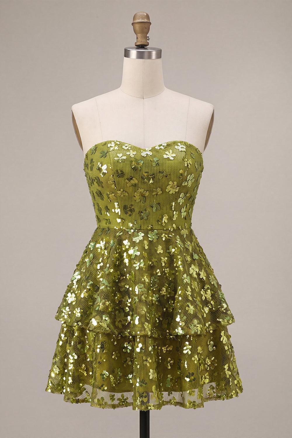 Dressystars Floral Olive Sweetheart Sequin A Line Ruffled Short Homecoming Dress