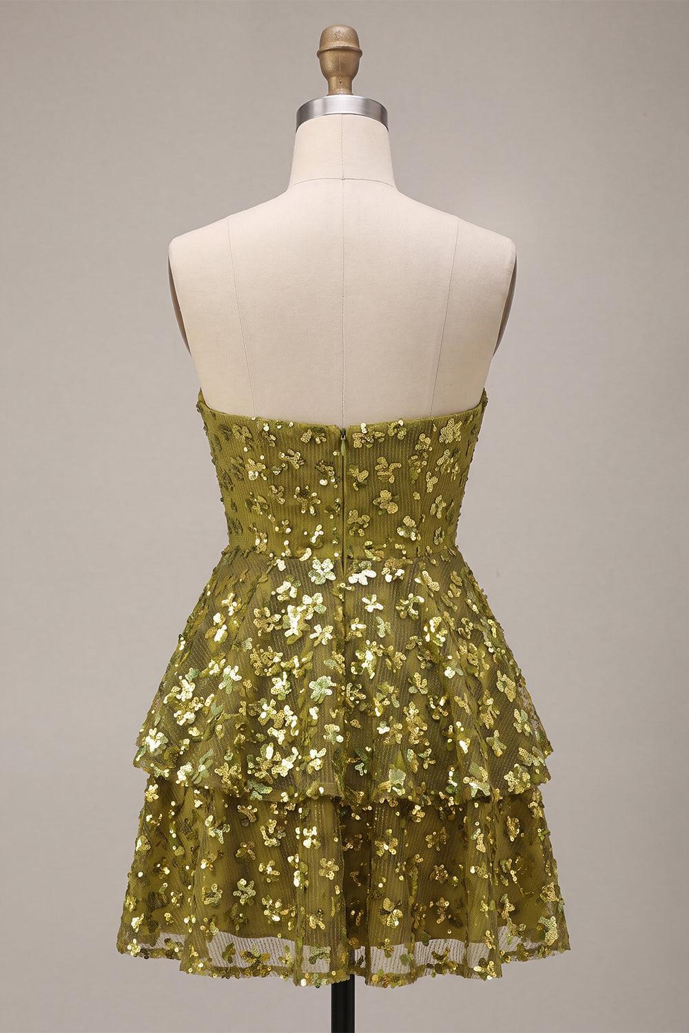 Dressystars Floral Olive Sweetheart Sequin A Line Ruffled Short Homecoming Dress