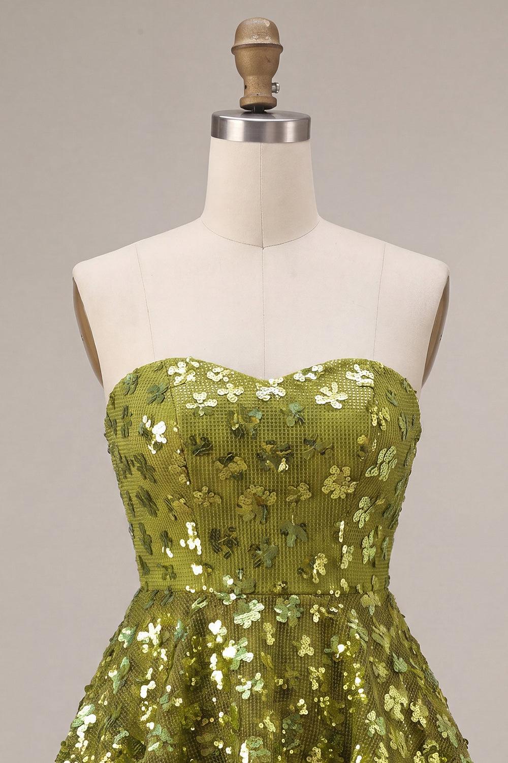 Dressystars Floral Olive Sweetheart Sequin A Line Ruffled Short Homecoming Dress