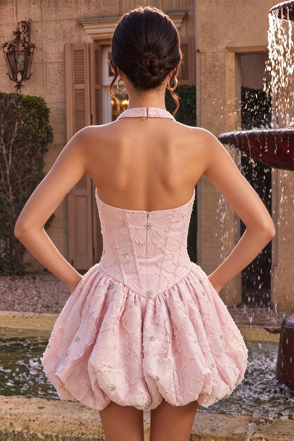 Dressystars Floral Pink A-Line Beaded Short Corset Homecoming Dress