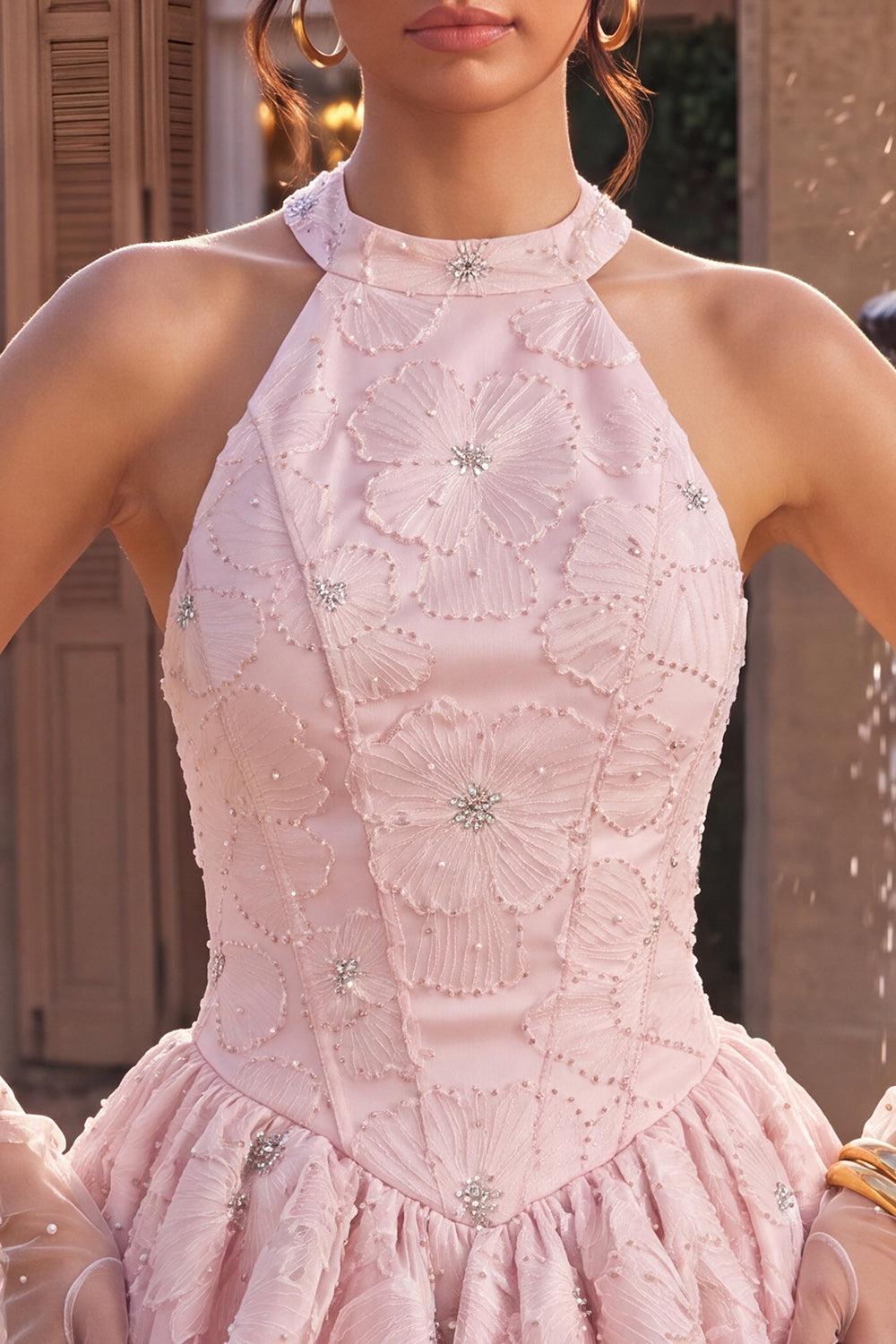 Dressystars Floral Pink A-Line Beaded Short Corset Homecoming Dress
