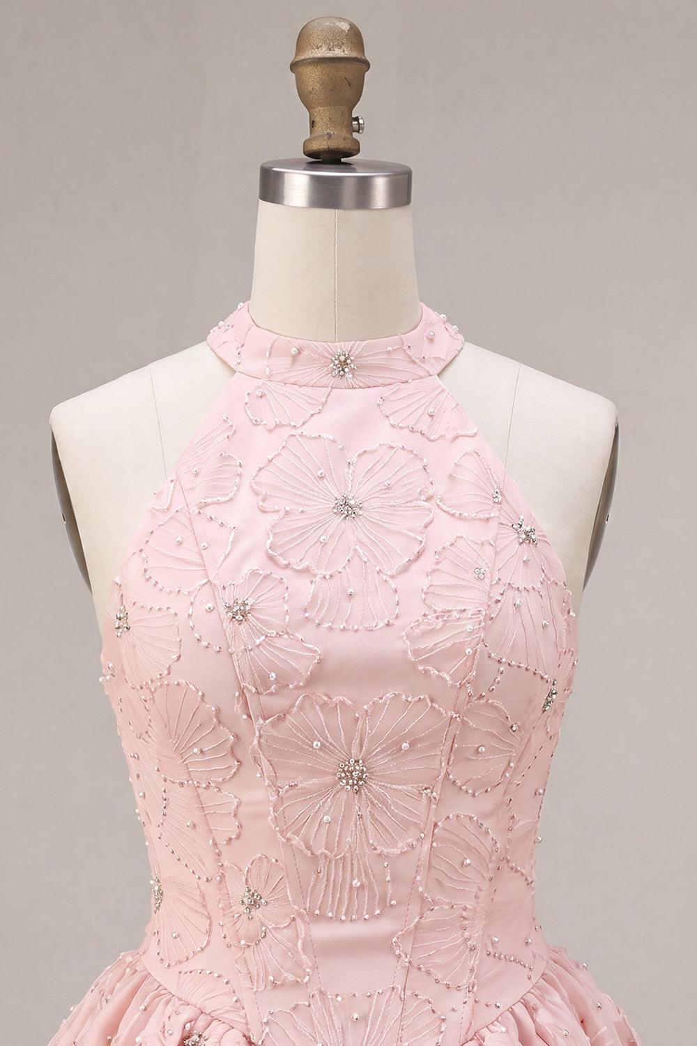 Dressystars Floral Pink A-Line Beaded Short Corset Homecoming Dress
