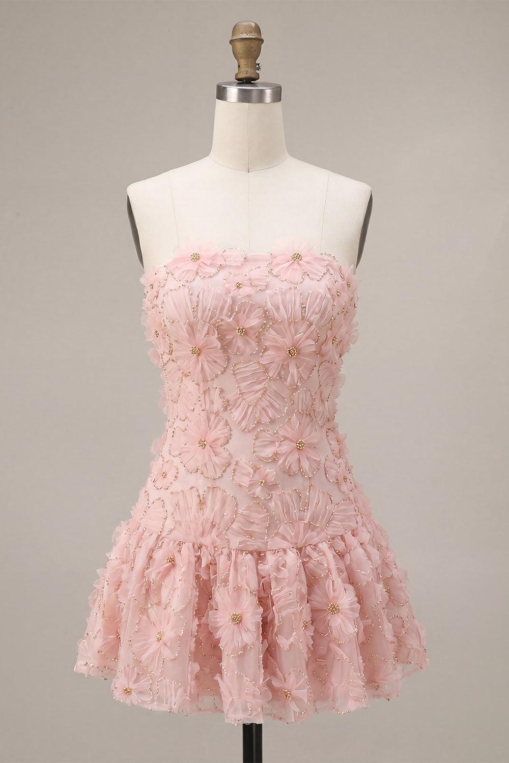 Dressystars Floral Pink A-Line Beaded Short Homecoming Dress