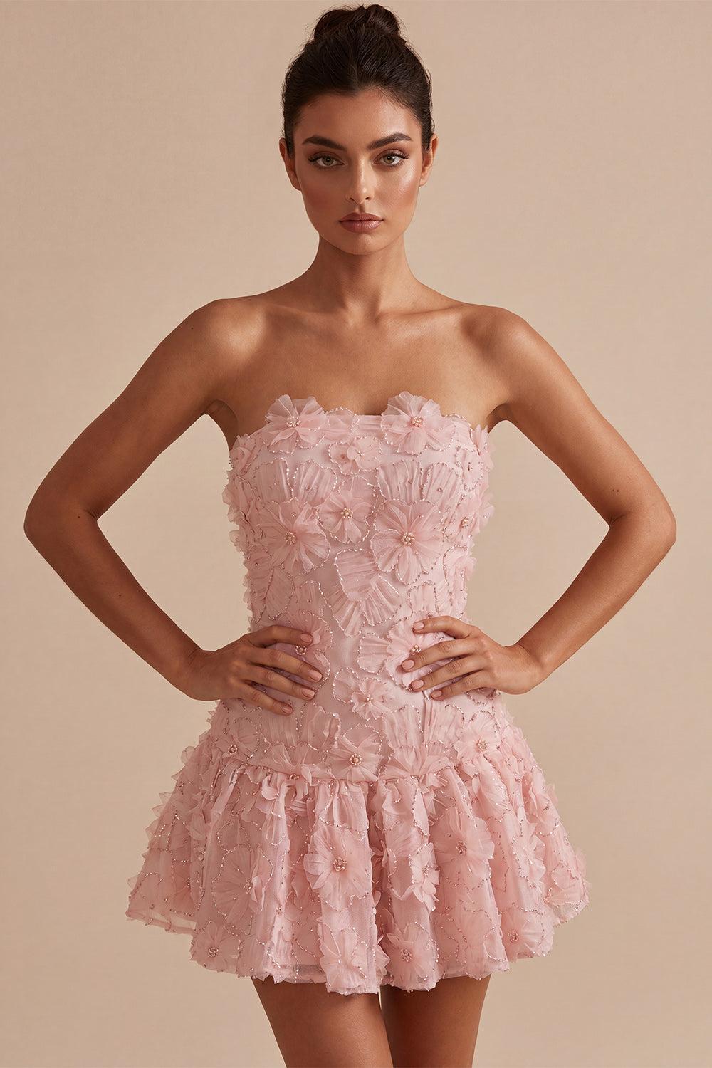 Dressystars Floral Pink A-Line Beaded Short Homecoming Dress