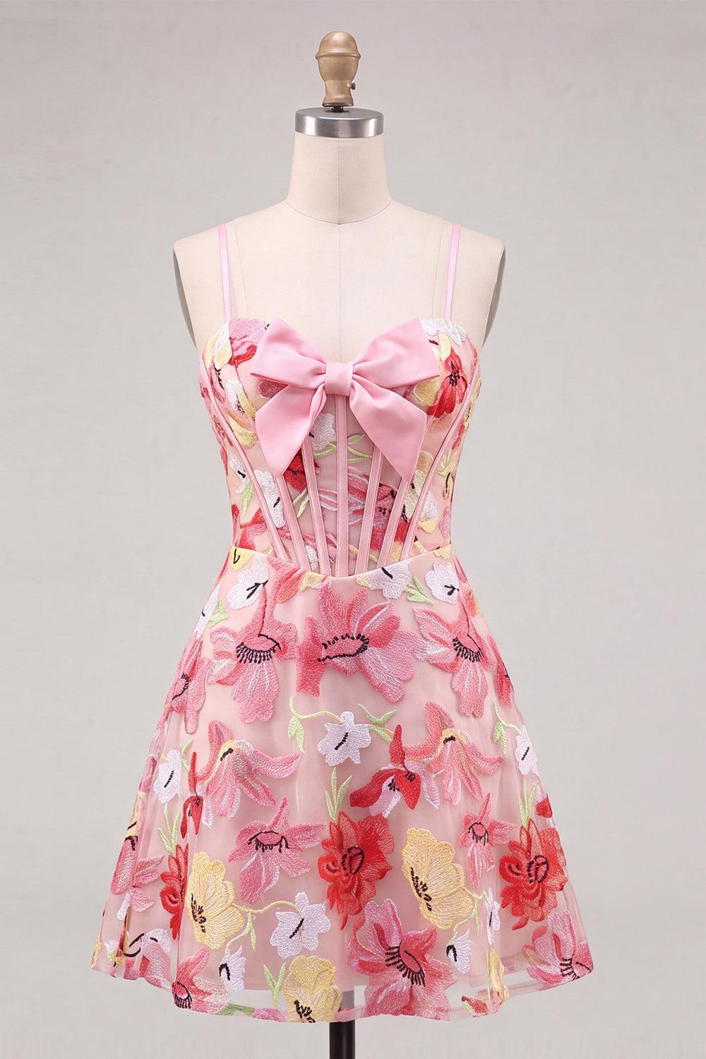 Dressystars Floral Pink A Line Corset Short Homecoming Dress with Bow