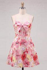 Dressystars Floral Pink A Line Corset Short Homecoming Dress with Bow