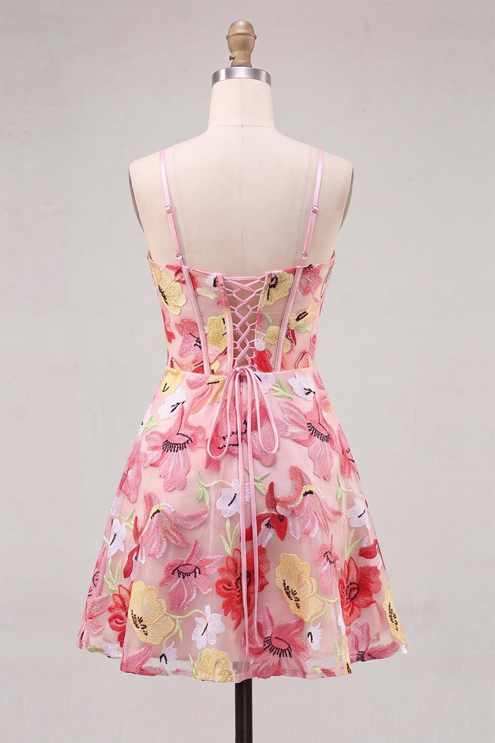 Dressystars Floral Pink A Line Corset Short Homecoming Dress with Bow