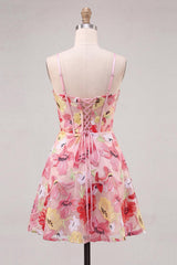 Dressystars Floral Pink A Line Corset Short Homecoming Dress with Bow