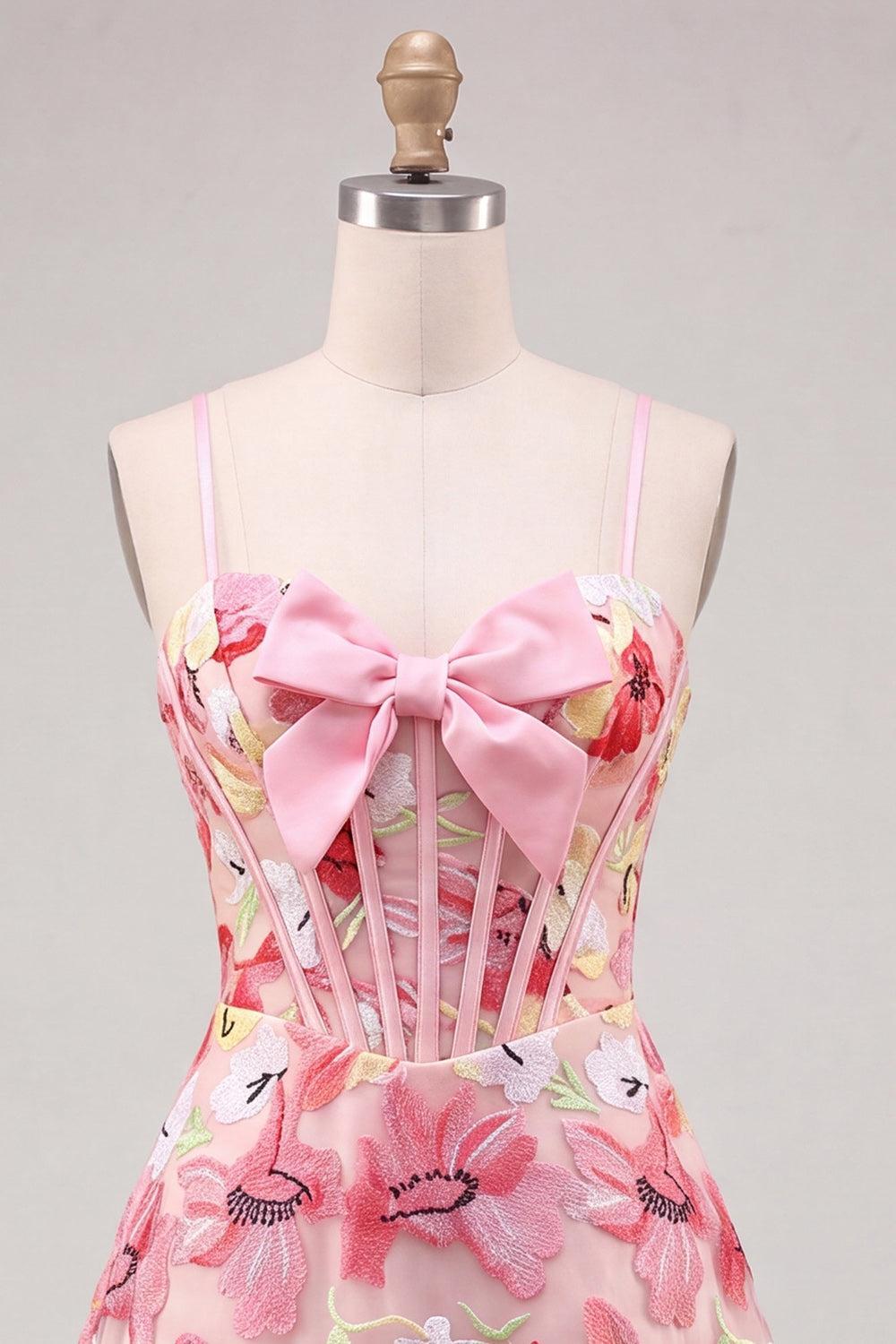 Dressystars Floral Pink A Line Corset Short Homecoming Dress with Bow