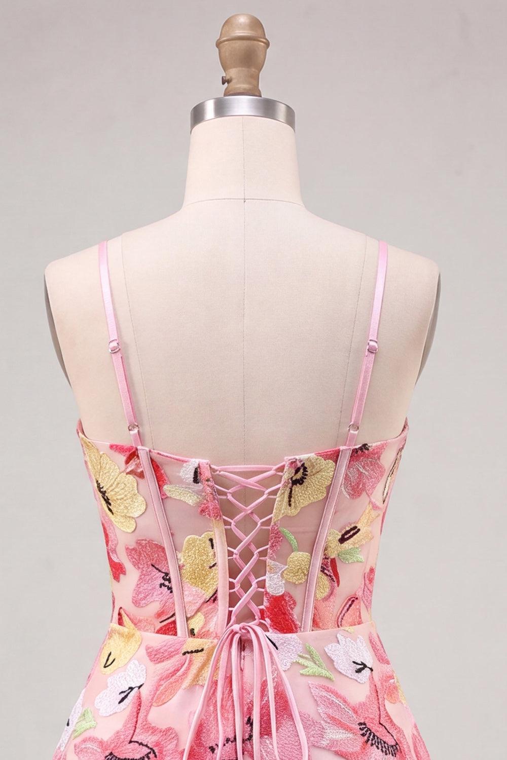 Dressystars Floral Pink A Line Corset Short Homecoming Dress with Bow