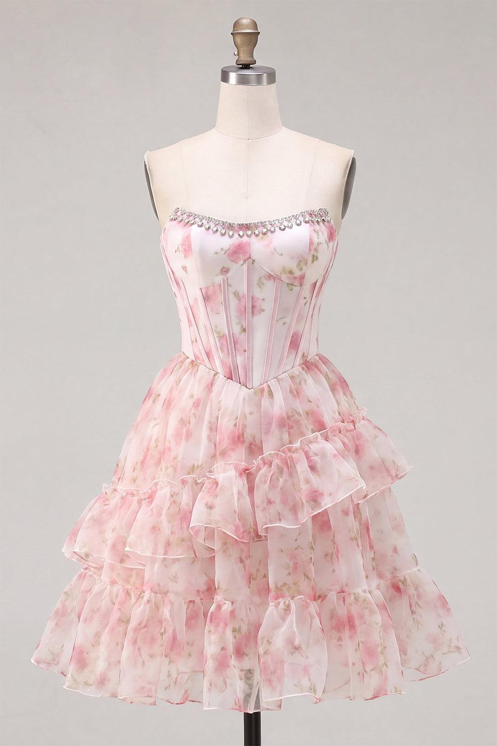 Dressystars Floral Pink Beaded Short Corset Homecoming Dress with Ruffles