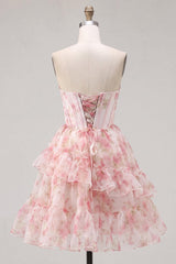 Dressystars Floral Pink Beaded Short Corset Homecoming Dress with Ruffles