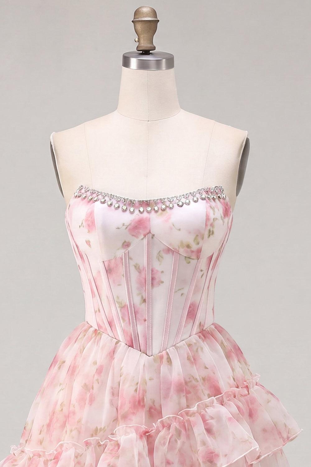 Dressystars Floral Pink Beaded Short Corset Homecoming Dress with Ruffles
