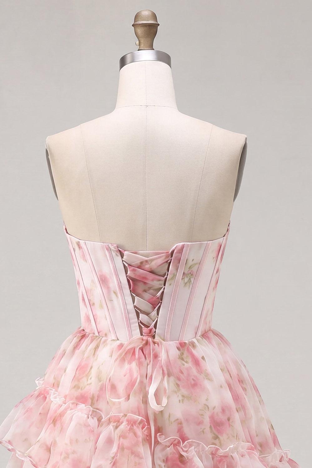 Dressystars Floral Pink Beaded Short Corset Homecoming Dress with Ruffles