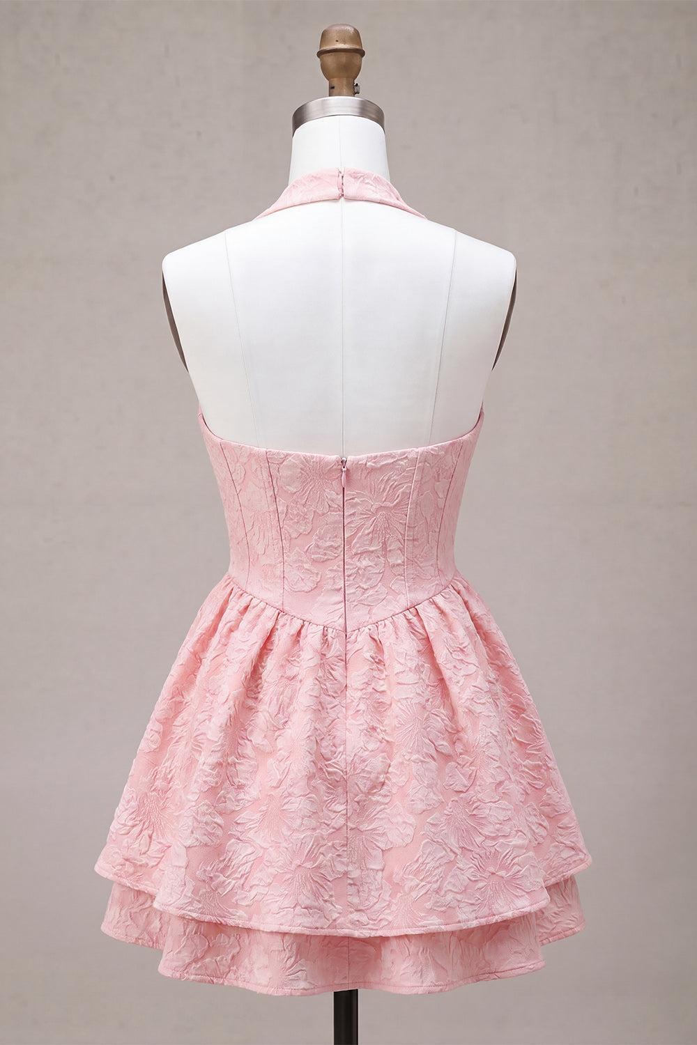 Dressystars Floral Pink Halter Jacquard A-Line Short Homecoming Dress