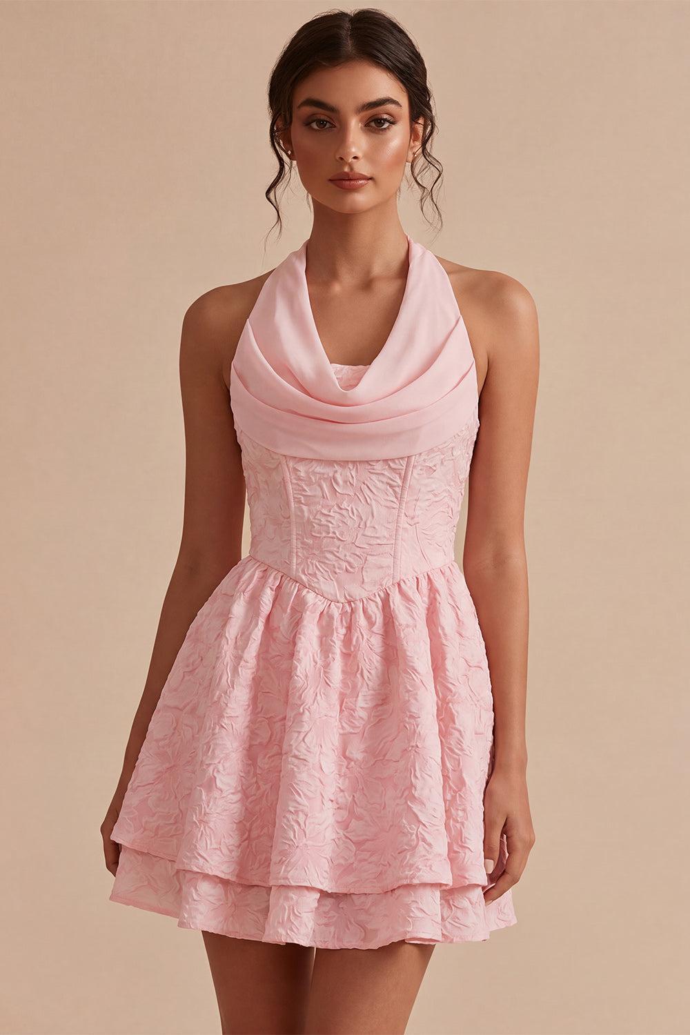 Dressystars Floral Pink Halter Jacquard A-Line Short Homecoming Dress
