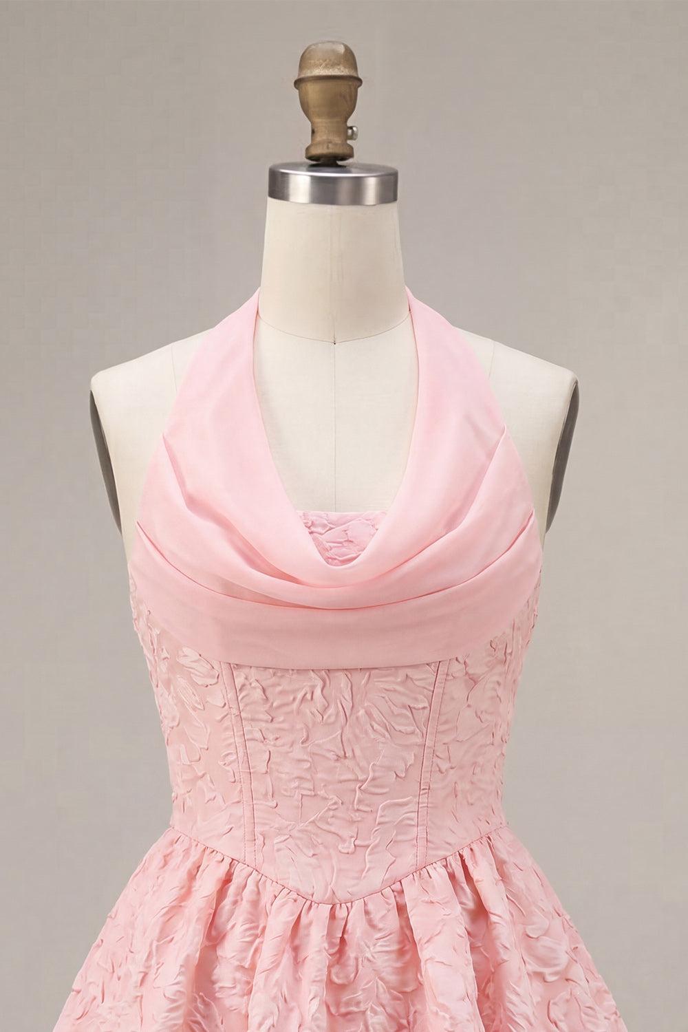 Dressystars Floral Pink Halter Jacquard A-Line Short Homecoming Dress