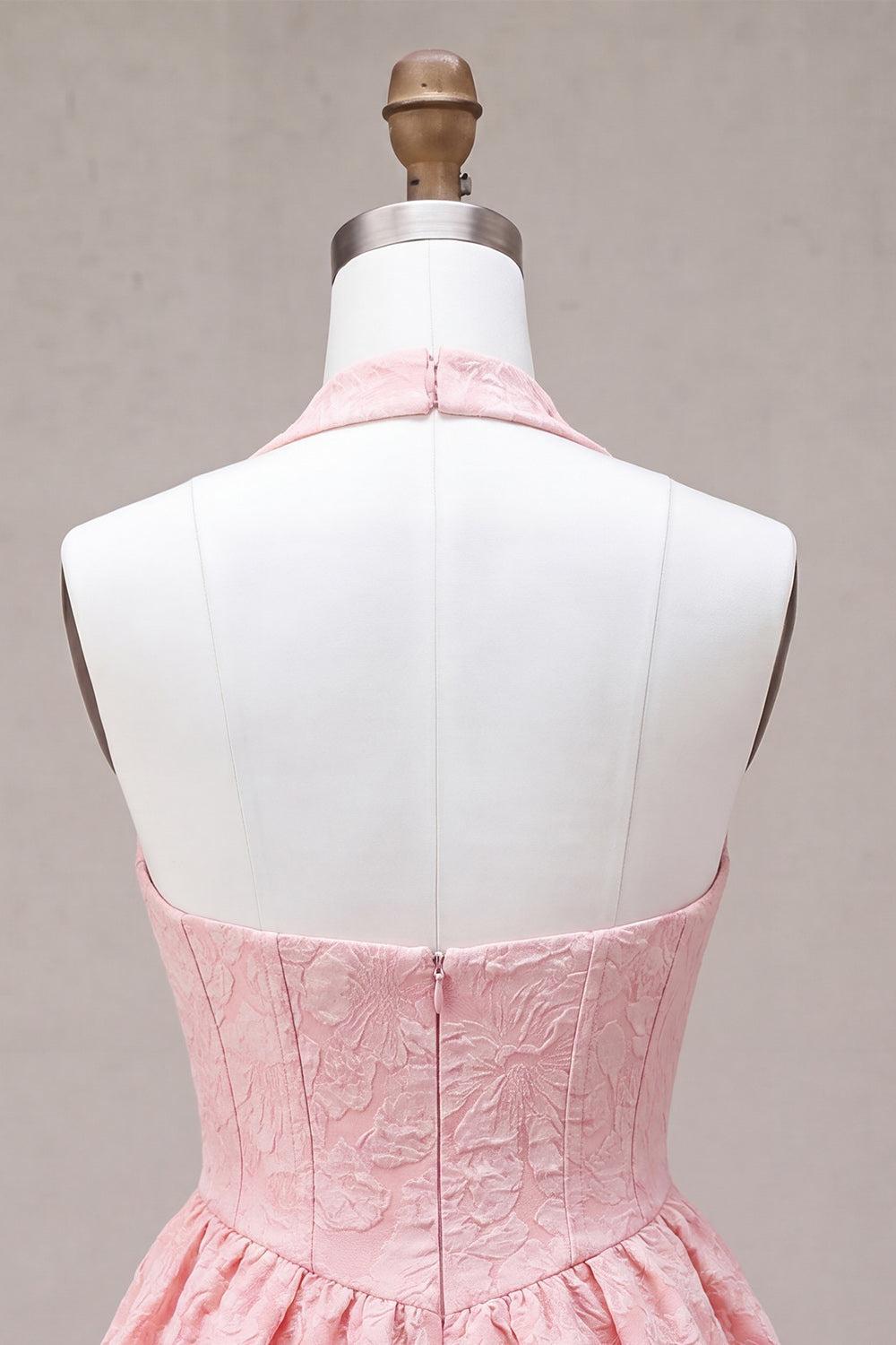 Dressystars Floral Pink Halter Jacquard A-Line Short Homecoming Dress