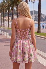 Dressystars Floral Pink Spaghetti Strap A-Line Short Homecoming Dress with Pockets