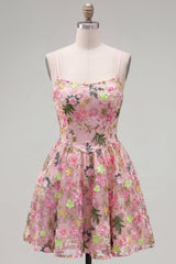 Dressystars Floral Pink Spaghetti Strap A-Line Short Homecoming Dress with Pockets