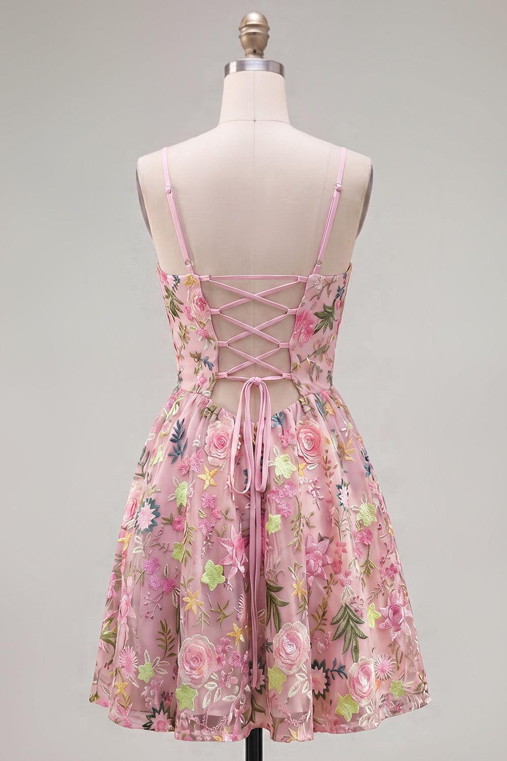 Dressystars Floral Pink Spaghetti Strap A-Line Short Homecoming Dress with Pockets