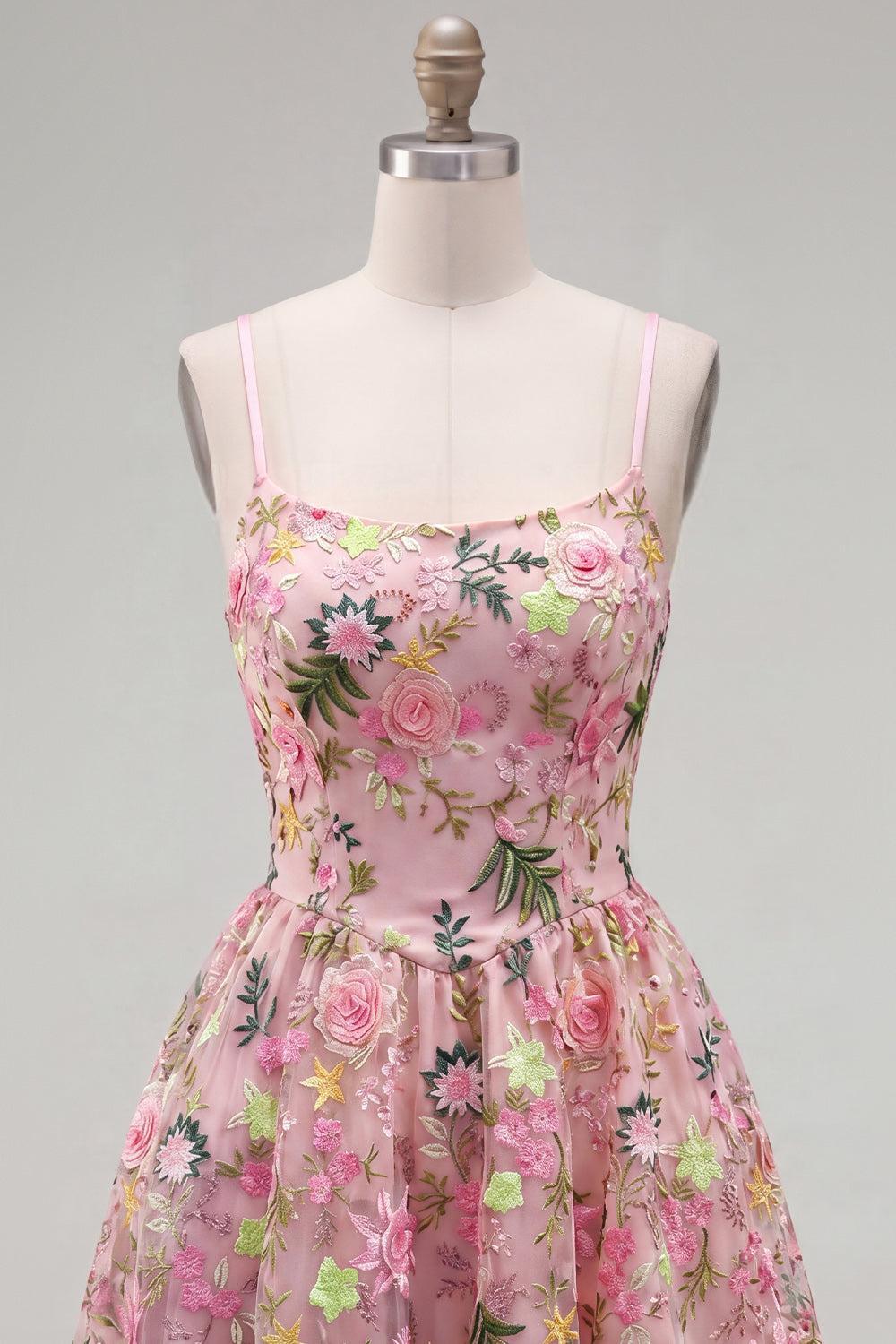Dressystars Floral Pink Spaghetti Strap A-Line Short Homecoming Dress with Pockets