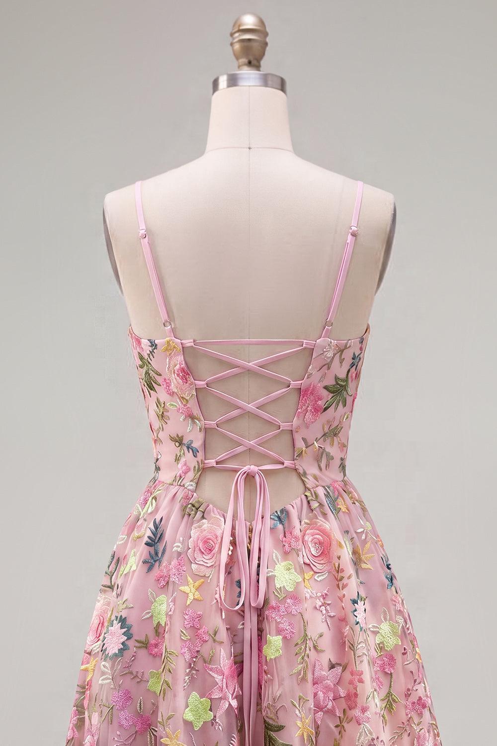 Dressystars Floral Pink Spaghetti Strap A-Line Short Homecoming Dress with Pockets