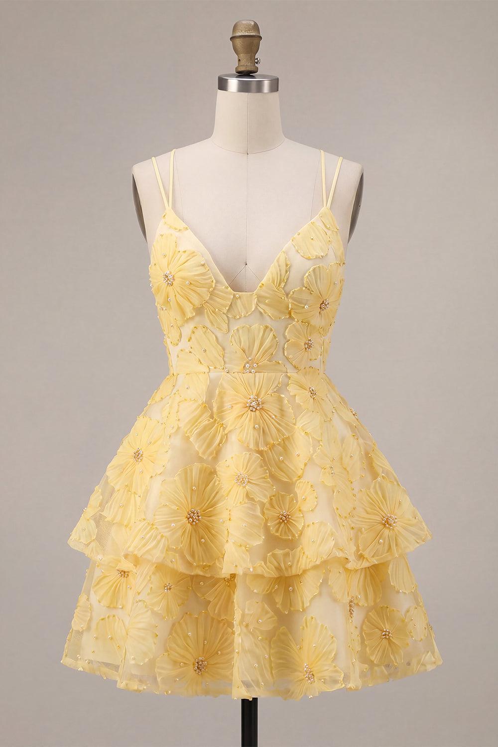 Dressystars Floral Ruffled Light Yellow A Line Beaded Tiered Short Homecoming Dress
