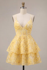 Dressystars Floral Ruffled Light Yellow A Line Beaded Tiered Short Homecoming Dress