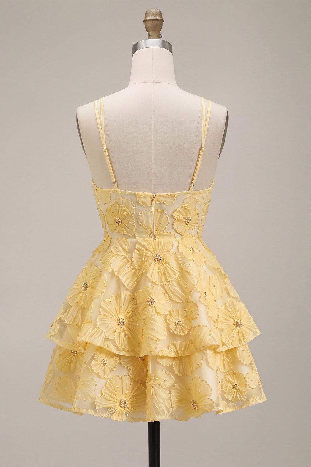 Dressystars Floral Ruffled Light Yellow A Line Beaded Tiered Short Homecoming Dress