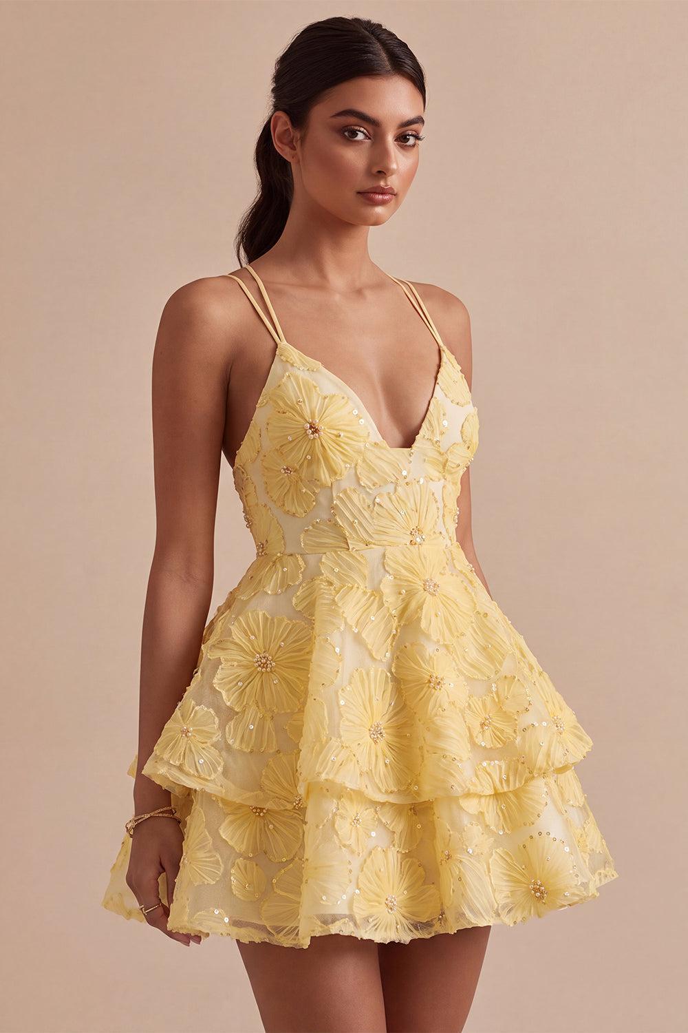 Dressystars Floral Ruffled Light Yellow A Line Beaded Tiered Short Homecoming Dress