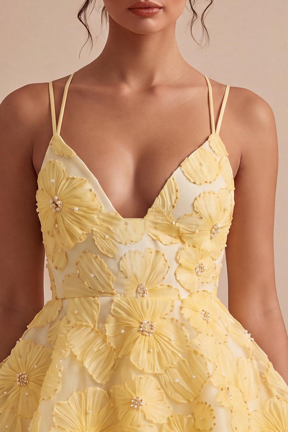 Dressystars Floral Ruffled Light Yellow A Line Beaded Tiered Short Homecoming Dress