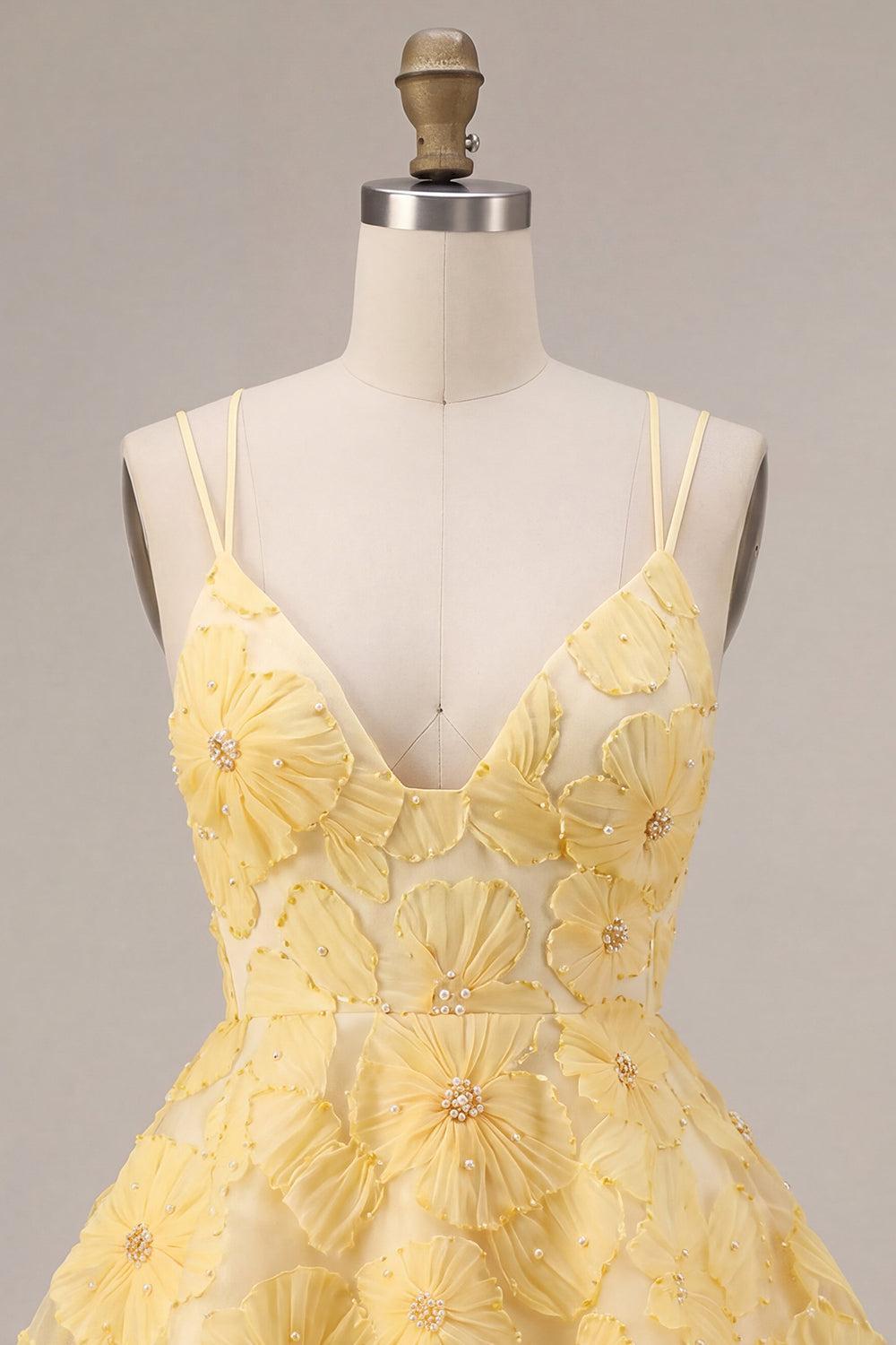 Dressystars Floral Ruffled Light Yellow A Line Beaded Tiered Short Homecoming Dress