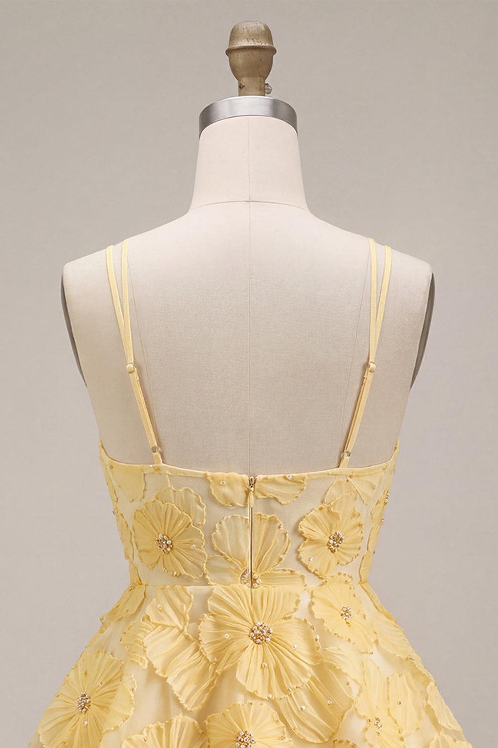 Dressystars Floral Ruffled Light Yellow A Line Beaded Tiered Short Homecoming Dress