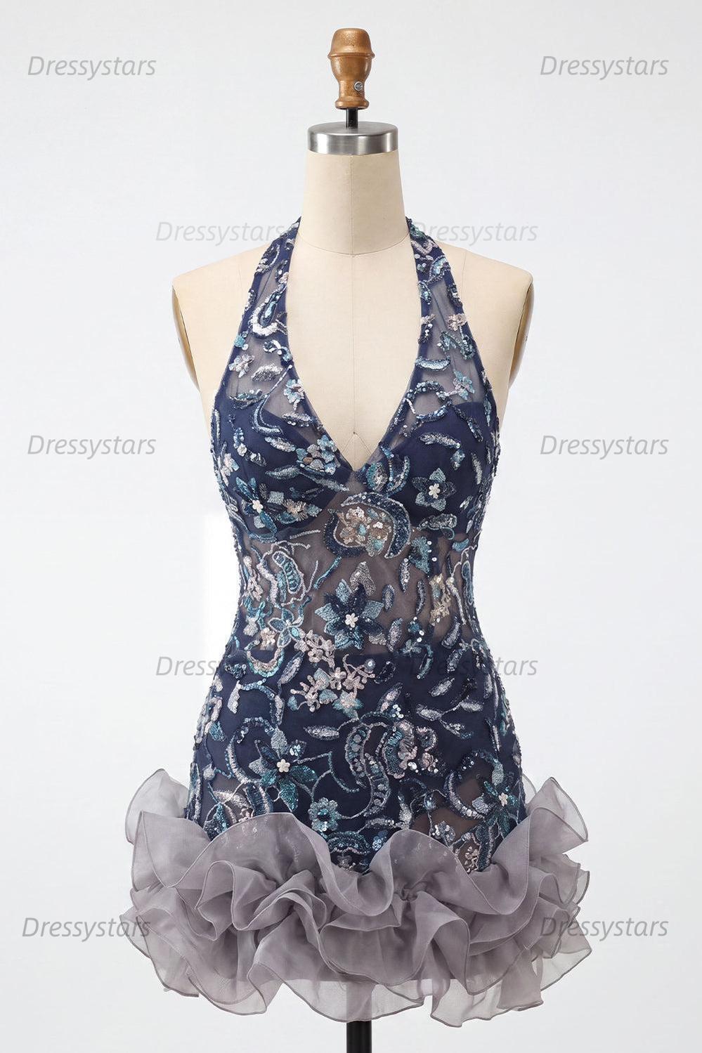 Dressystars Floral Ruffled Navy Tight Halter Beaded Short Homecoming Dress