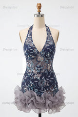 Dressystars Floral Ruffled Navy Tight Halter Beaded Short Homecoming Dress