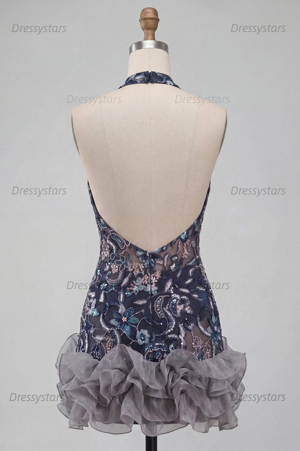 Dressystars Floral Ruffled Navy Tight Halter Beaded Short Homecoming Dress