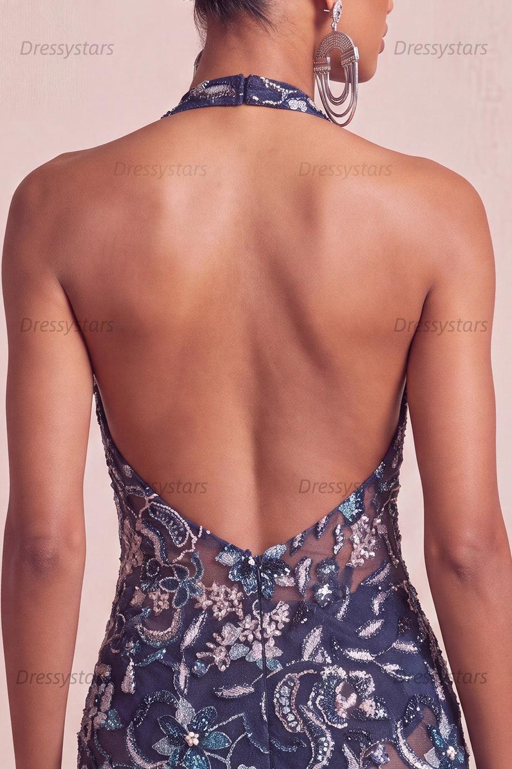 Dressystars Floral Ruffled Navy Tight Halter Beaded Short Homecoming Dress