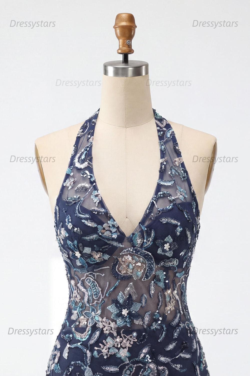 Dressystars Floral Ruffled Navy Tight Halter Beaded Short Homecoming Dress