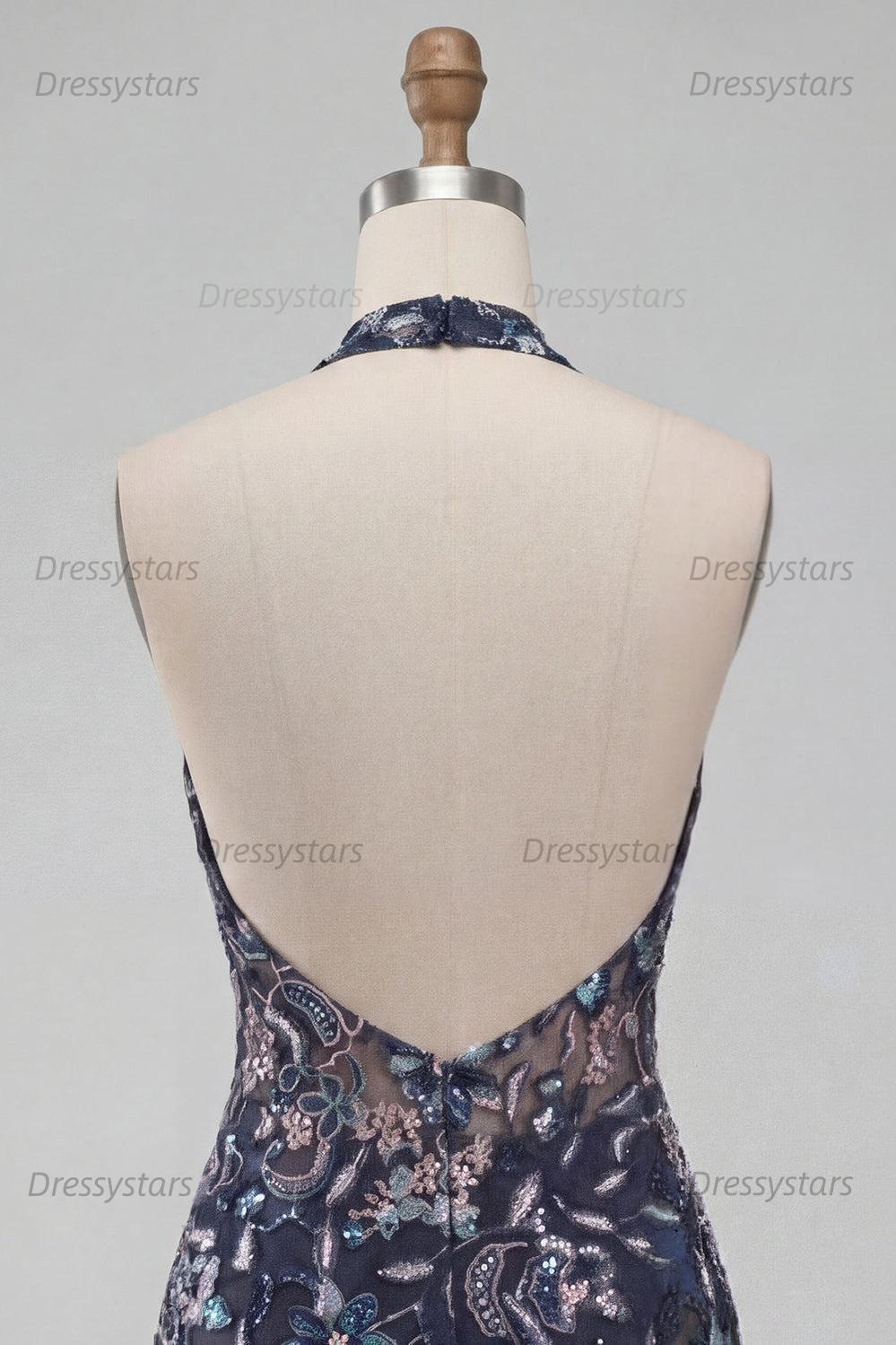 Dressystars Floral Ruffled Navy Tight Halter Beaded Short Homecoming Dress