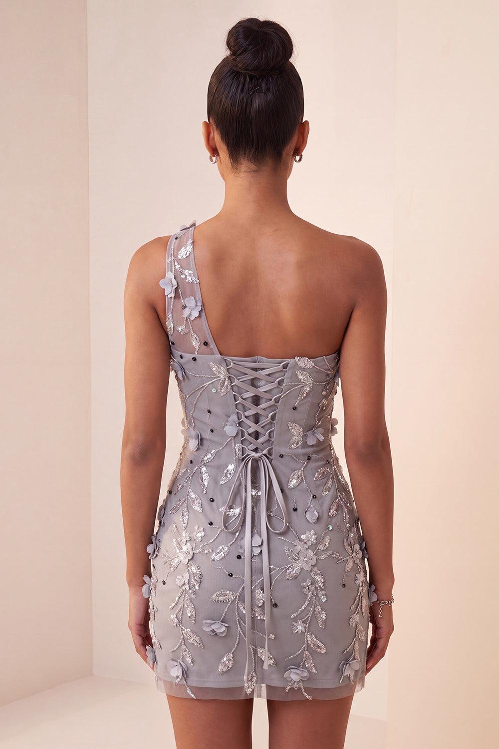 Dressystars Floral Sequins Grey One Shoulder Tight Short Homecoming Dress
